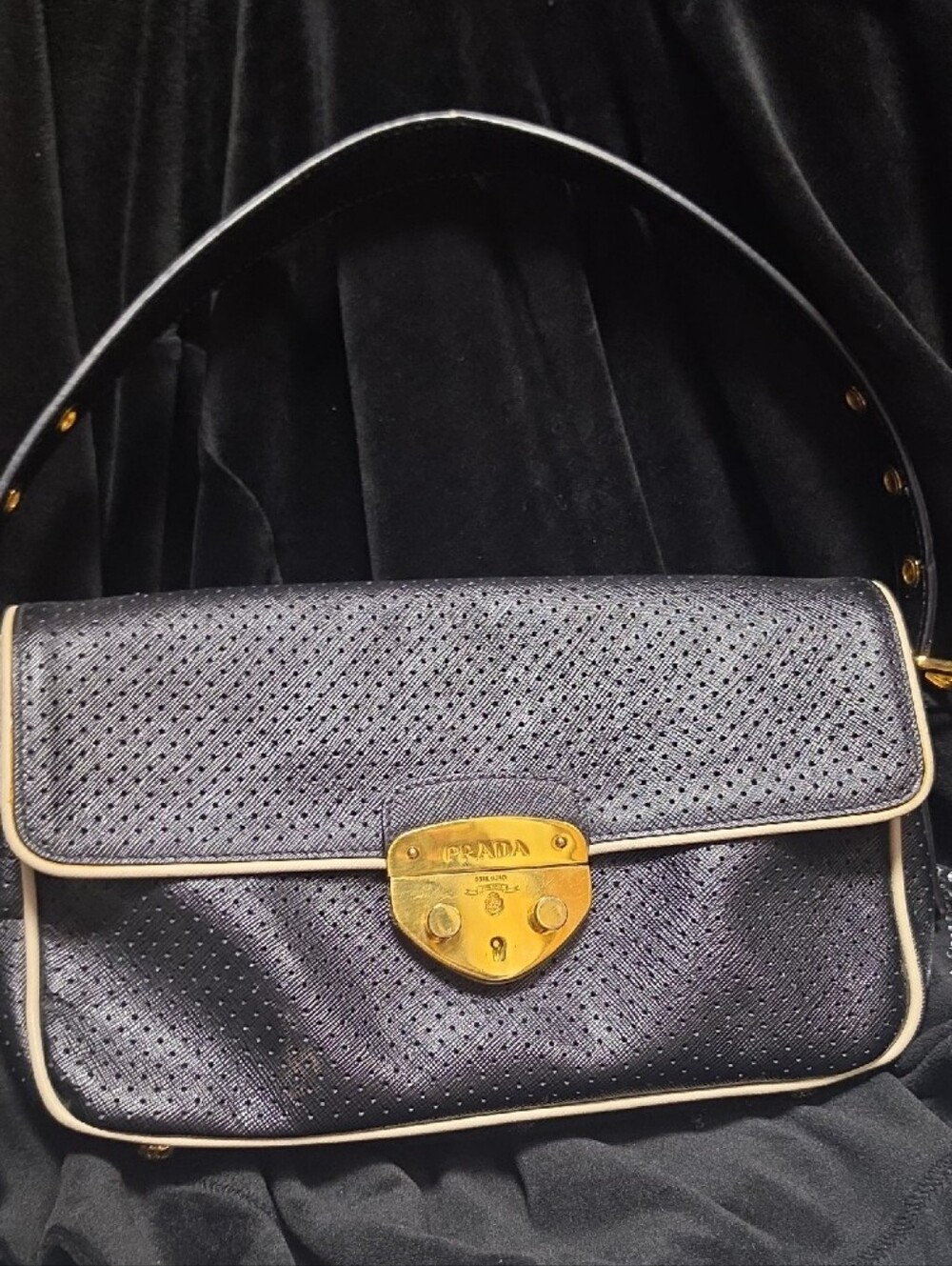 Prada Black Shoulder Bag with KEY. Cream Trim